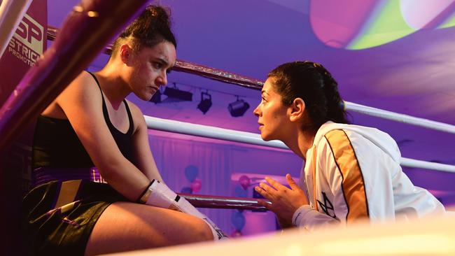 As boxer Jess O’Connor with co-star Nicole Chamoun in upcoming SBS drama On The Ropes.