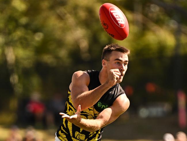 PERTH, AUSTRALIA - FEBRUARY 17: Seth Campbell of the Tigers handpasses the ball during the 2025 AFL Match Simulation between the West Coast Eagles and the Richmond Tigers at Mineral Resources Park on February 17, 2025 in Perth, Australia. (Photo by Daniel Carson/AFL Photos via Getty Images)