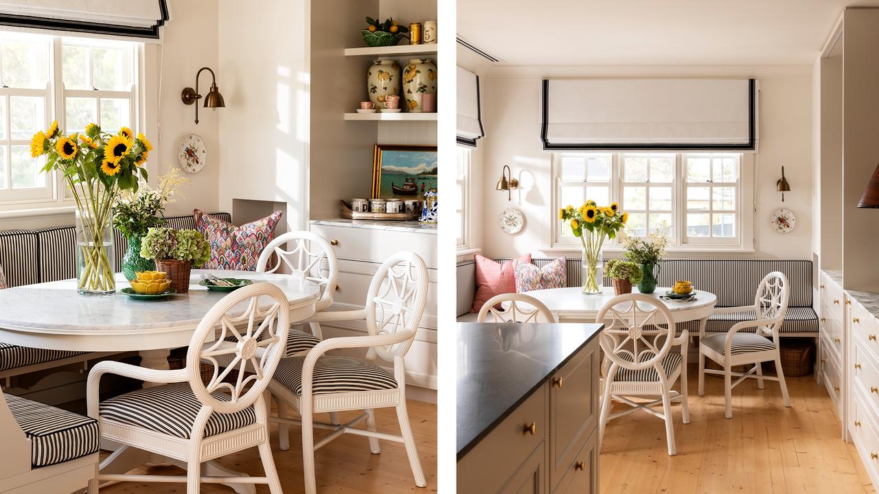 When hosting dinner parties, the breakfast nook with built-in bench seats provides a fun spot for children to enjoy a meal while adults can gather at a nearby table.