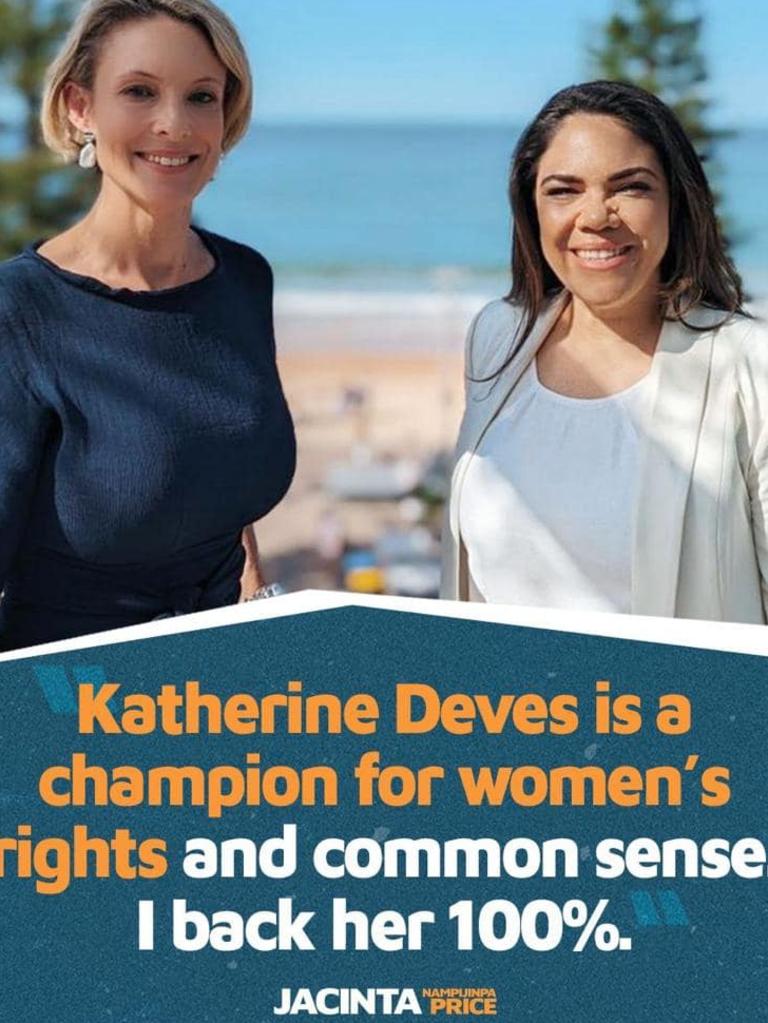 CLP Senate candidate Jacinta Price (right) has come out in support of Katherine Deves. Picture: Facebook