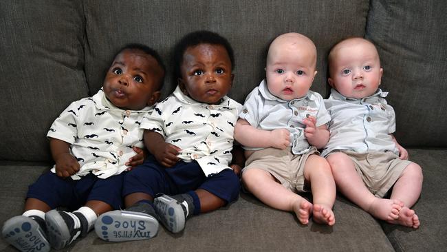 (L-R) Five-month-old twins Jordan and Josiah Oluwoye and four-month-old Noah and Hunter Leggatt. Picture: Joel Carrett