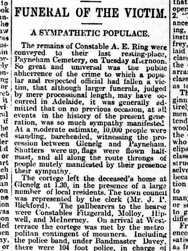 An article on the funeral of Constable Albert Ring published in The Advertiser on April 1, 1908.