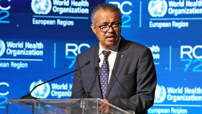 World Health Organisation director general Tedros Adhanom Ghebreyesus delivers a speech.