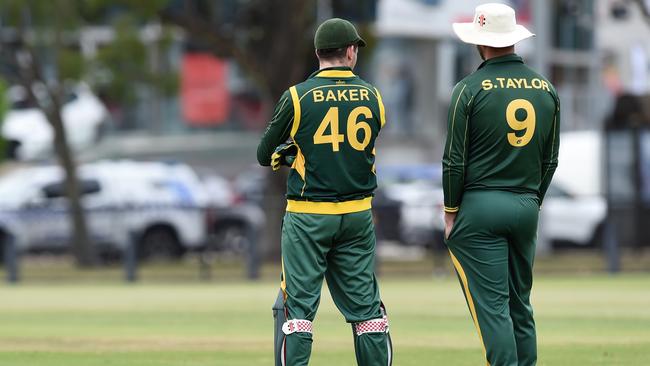 Northcote captain Blayde Baker and coach Steven Taylor talk tactics. Picture: Steve Tanner