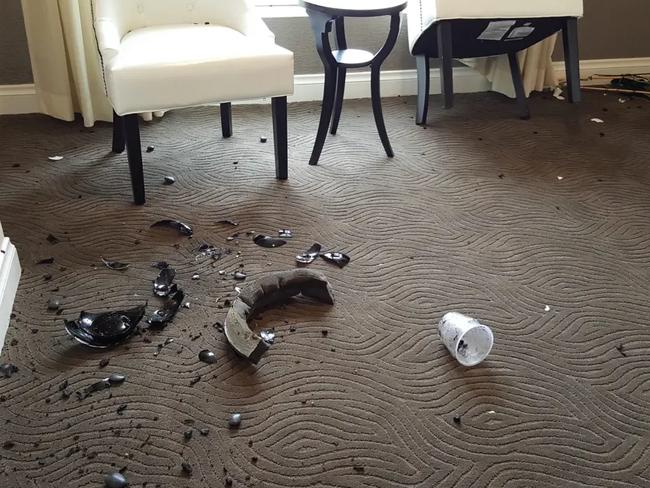 The court was shown an image of a shattered vase following Combs’ attack on then-girlfriend Cassie Ventura during the infamous caught-on-video 2016 hotel beating. Picture: U.S. Attorneys SDNY