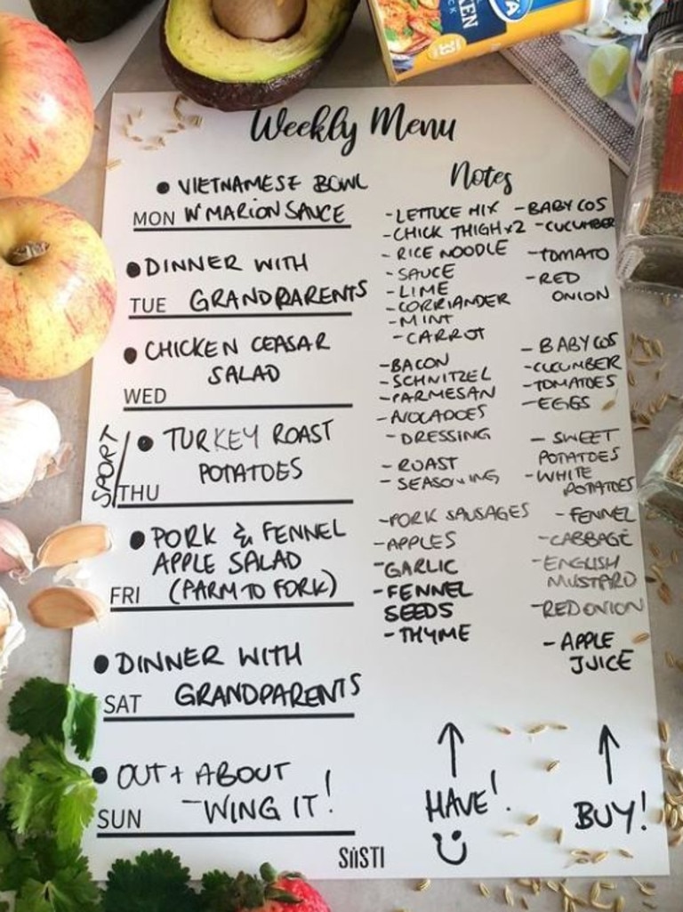 Lee writes her weekly meal plans out on a whiteboard. Picture: Instagram / @feeding_five_frugally