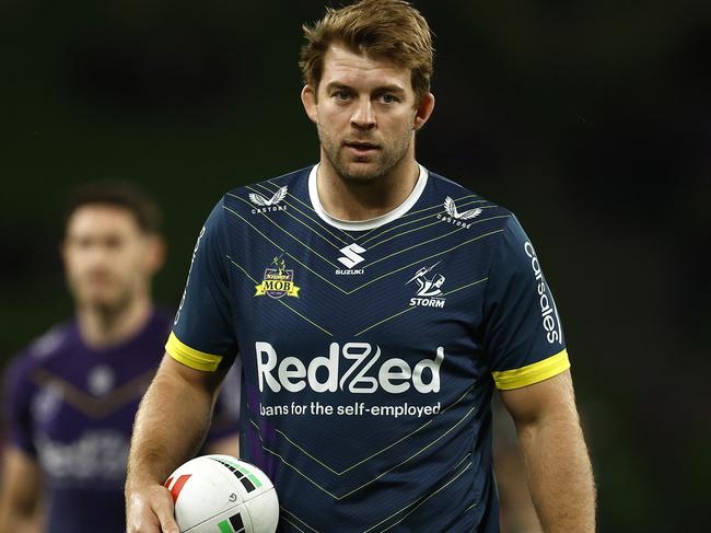 MELBOURNE, AUSTRALIA - SEPTEMBER 15:  Christian Welch of the Storm warms up before the NRL Semi Final match between Melbourne Storm and the Sydney Roosters at AAMI Park on September 15, 2023 in Melbourne, Australia. (Photo by Daniel Pockett/Getty Images)