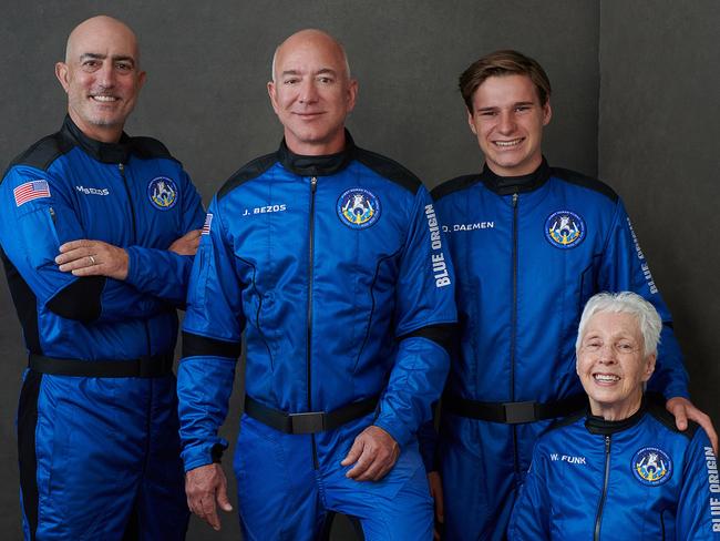 Mark Bezos, Jeff Bezos, Oliver Daemen and Wally Funk. Picture: Blue Origin/AFP