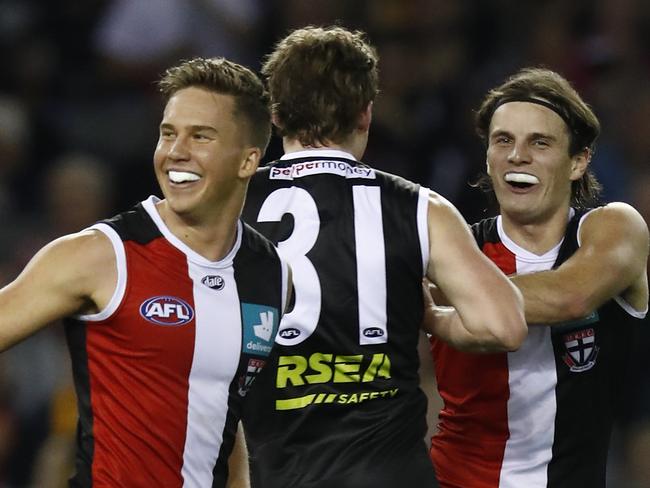 MELBOURNE, AUSTRALIA - MAY 01: Hunter Clark of the Saints celebrates a goal  during the round seven AFL match between the St Kilda Saints and the Hawthorn Hawks at Marvel Stadium on May 01, 2021 in Melbourne, Australia. (Photo by Darrian Traynor/Getty Images)