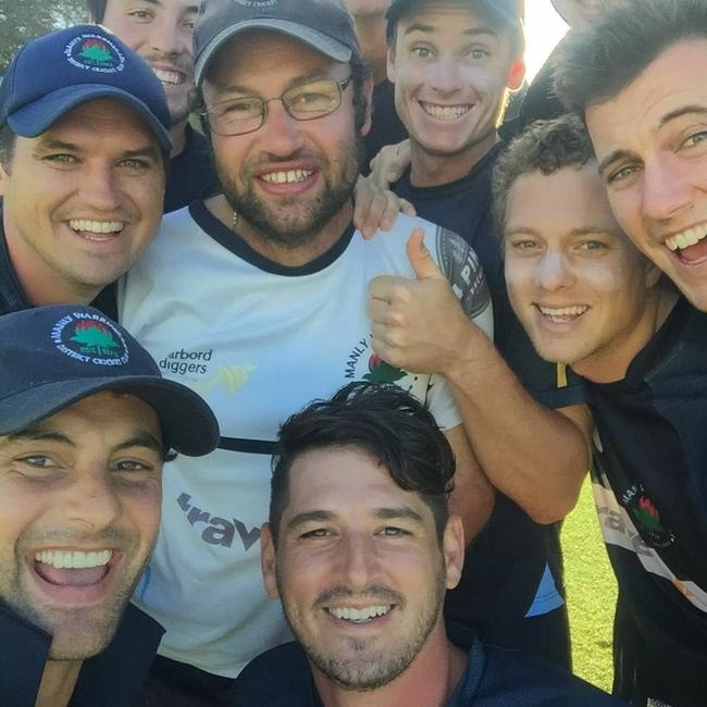 Michael 'Juice' Shepheard (centre with glasses), the first grade manager at the Manly Warringah District Cricket Club, was a beloved member of the club for 27 years. Picture: Facebook (Michael Shepheard)