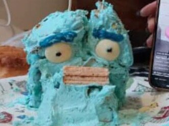 A mum has shared her hilarious attempt at a popular Bluey mudcake hack - calling it an 'absolute abomination'. Picture: Facebook