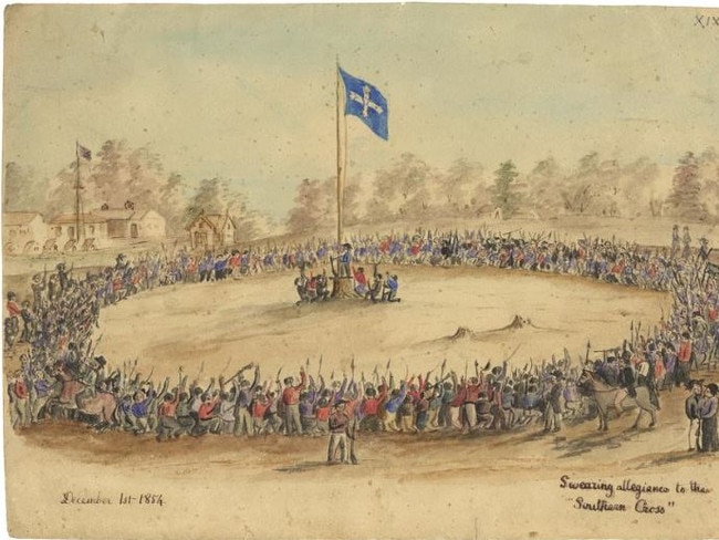 Charles Alphonse Doudiet, Swearing allegiance to the 'Southern Cross', December 1st 1854, 1854. Watercolour and ink on paper. Purchased with the assistance of many donors, 1996. Collection of the Art Gallery of Ballarat