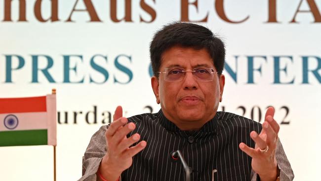 Minister Piyush Goyal at the virtual signing ceremony of the India-Australia Economic Cooperation and Trade Agreement with Dan Tehan in New Delhi in April. Picture: AFP