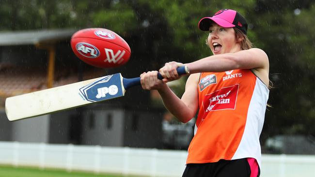 Jodie Hicks shows off her cross-code skills at Drummoyne Oval. Picture: Brett Costello