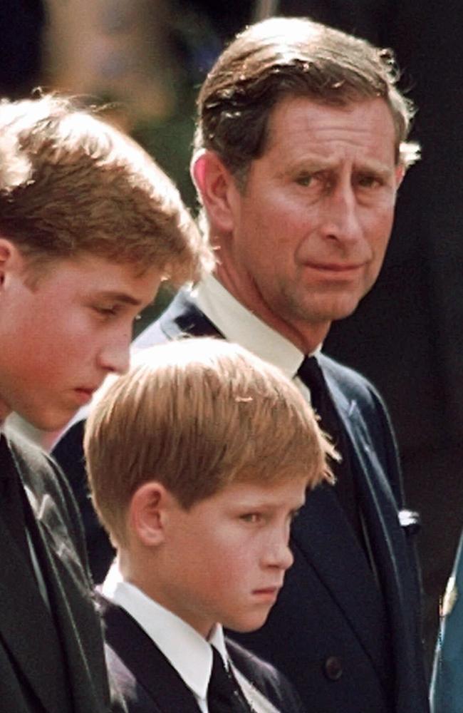 Prince Charles with sons Prince William and Prince Harry at Diana’s funeral. Picture: AP