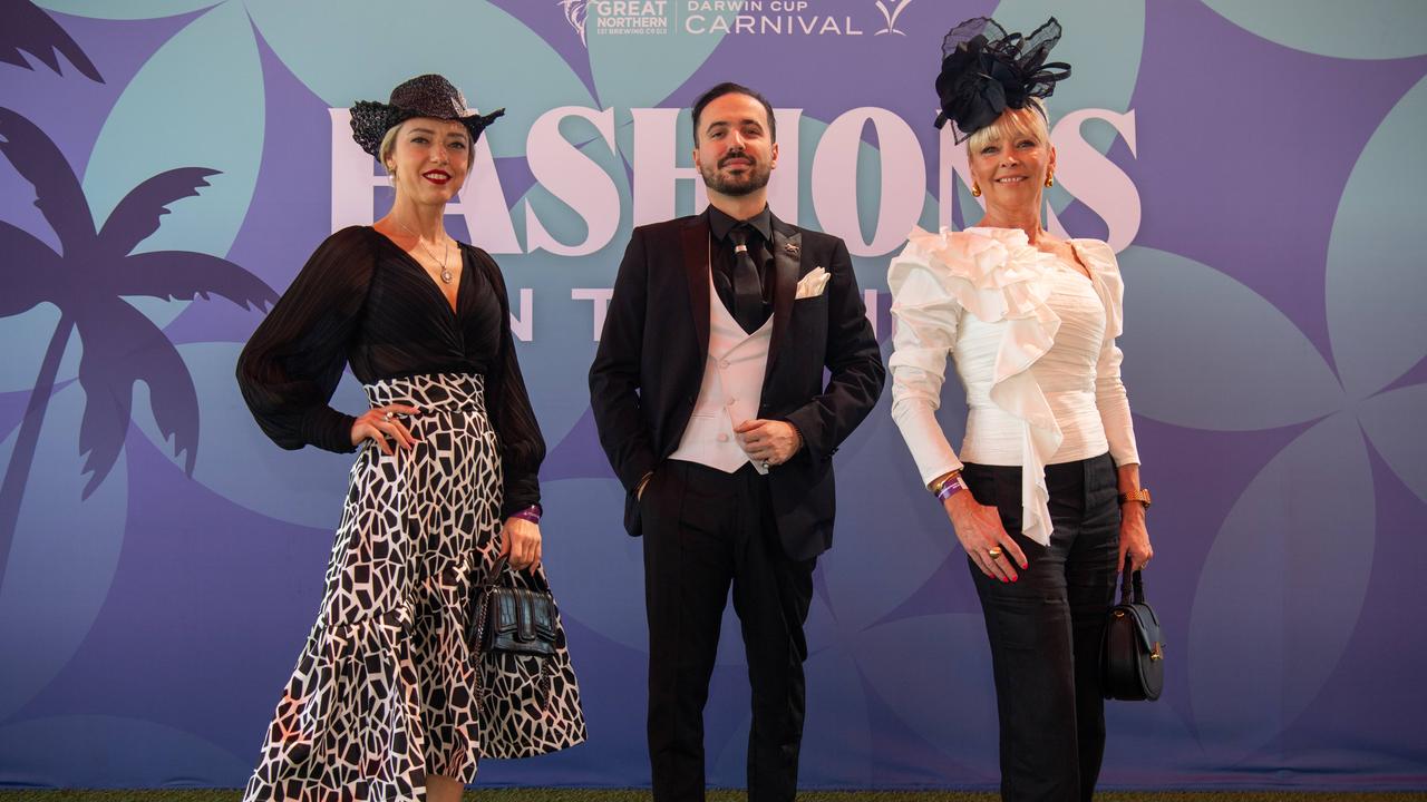 Leah Bennett, Alex Maestracci and Tatiana Hoffmann at the 2024 Darwin Cup Carnival Derby Day. Picture: Pema Tamang Pakhrin