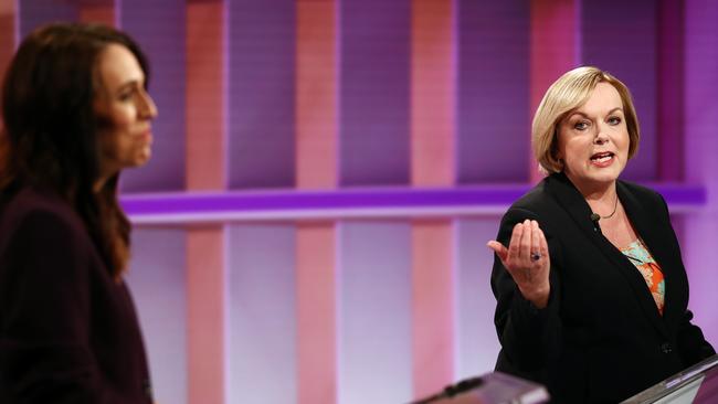 National leader Judith Collins (R) gestures as she makes a point in the debate with Jacinda Ardern. Picture: Getty Images.