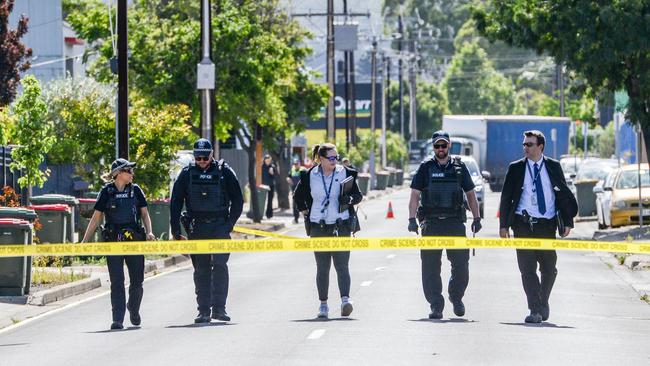 Police conduct searches along Dunorlan Road in Edwardstown, in Adelaide’s inner-south, after a man was found gunshot wounds. Picture: NCA NewsWire / Brenton Edwards