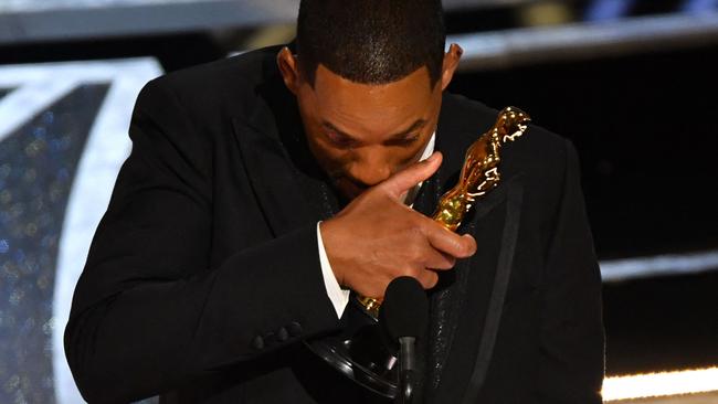 Smith was emotional as he accepted his best actor award — but did not apologise to Chris Rock during his speech. Picture: AFP.