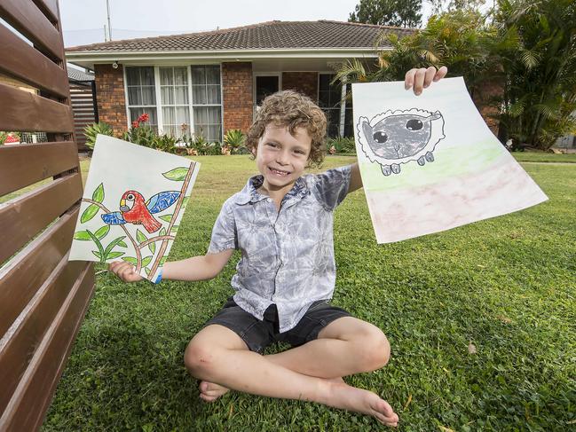 EXPRESS ADVOCATE/AAP. Jacob Kolln, 6, poses for a photograph with his artworks in his front yard at Woy Woy on Friday, 13 December, 2019. Jacob Kolin has started selling his artwork/drawings to raise money for the RFS and farmers. It started one day when he went outside to sell drawings in the front lawn and he's now getting requests with one woman paying $50 for one. (AAP IMAGE / Troy Snook)