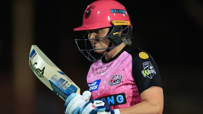 SYDNEY, AUSTRALIA - OCTOBER 19: Alyssa Healy of the Sixers comes off after being caught out by Annabel Sutherland of the Stars bowled by Sophie Day of the Stars during the WBBL match between Sydney Sixers and Melbourne Stars at North Sydney Oval, on October 19, 2023, in Sydney, Australia. (Photo by Mark Evans/Getty Images)