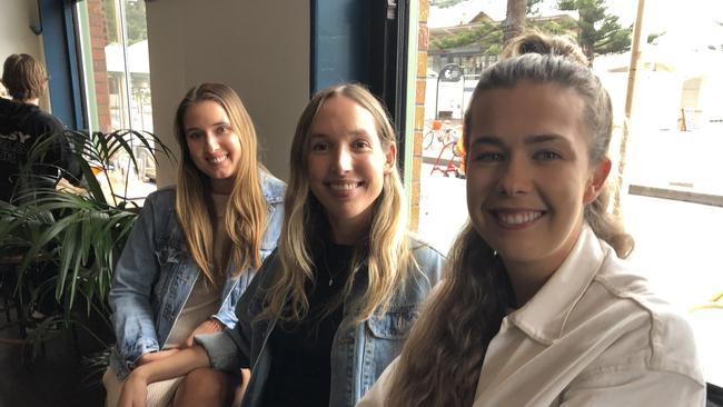 Sarah Penrose and Rachel Weatherley, both of Manly, enjoy a Freedom Day lunch with Abbey Cosh, of Dee Why, at the Steyne Hotel at Manly. Picture: Jim O'Rourke