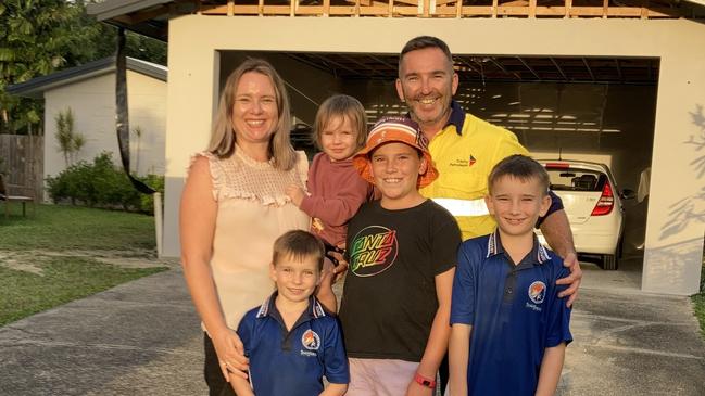 Trinity Beach residents Jude and Stephen Doherty with their children (from left) Logan (6), Macey (3), Aidan (12) and Finley (8). After buying their home in July 2020, they are now working on extending it.