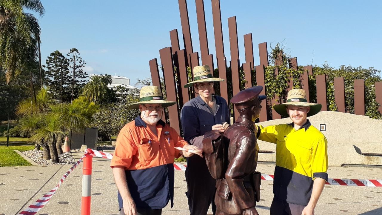 Robert Olds (left) and Olds Engineering apprentices Cameron Stuart and Calen Simpson gave the Duncan Chapman statue an annual polish in preparation for Anzac Day and ahead of the Turkish Ambassador's visit.