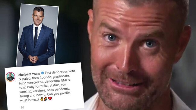 Many faces of Pete Evans: As clean-cut celeb TV chef, top left, grilled about his many stances on 60 Minutes, main picture, and taking to social media, bottom left. Pictures: Supplied