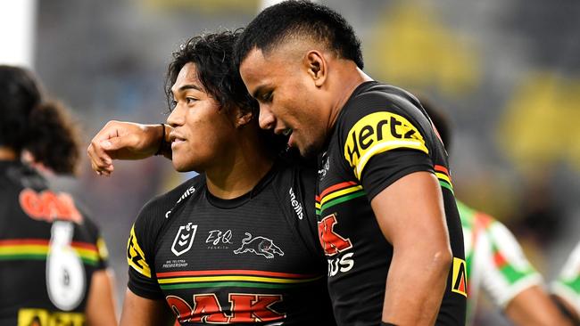 TOWNSVILLE, AUSTRALIA - SEPTEMBER 11:  Brian To'o and Stephen Crichton of the Panthers celebrate Stephen Crichton scoring a try during the NRL Qualifying Final match between Penrith Panthers and South Sydney Rabbitohs at QCB Stadium, on September 11, 2021, in Townsville, Australia. (Photo by Ian Hitchcock/Getty Images)