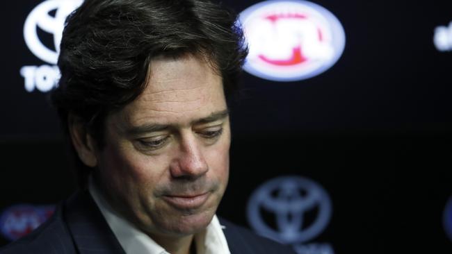 AFL CEO Gillon McLachlan speaks to the media during an AFL press conference at AFL House on March 22. Picture: Darrian Traynor/Getty Images