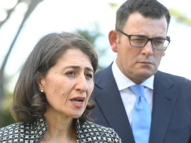New South Wales Premier Gladys Berejiklian (left) and Victorian Premier Daniel Andrews (right) joined Australian Prime Minister Malcolm Turnbull (not pictured) after meeting with survivors of Institutional Child Sexual Abuse at Kirribilli House in Sydney, Friday, March 9, 2018. The Prime Minister and State Premier's announced that New South Wales and Victoria have joined the National redress scheme for Survivors of Institutional Child Sexual Abuse. (AAP Image/Dean Lewins) NO ARCHIVING