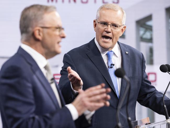 Australian Opposition Leader Anthony Albanese and Australian Prime Minister Scott Morrison during the second leaders' debate of the 2022 federal election campaign at the Nine studio in Sydney, NSW, on Sunday 8 May 2022. Photo: Alex Ellinghausen