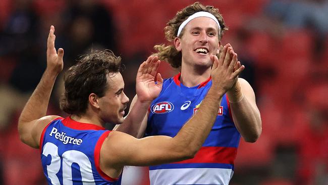 Aaron Naughton celebrates kicking one of five goals against GWS Giants. Picture: Phil Hillyard