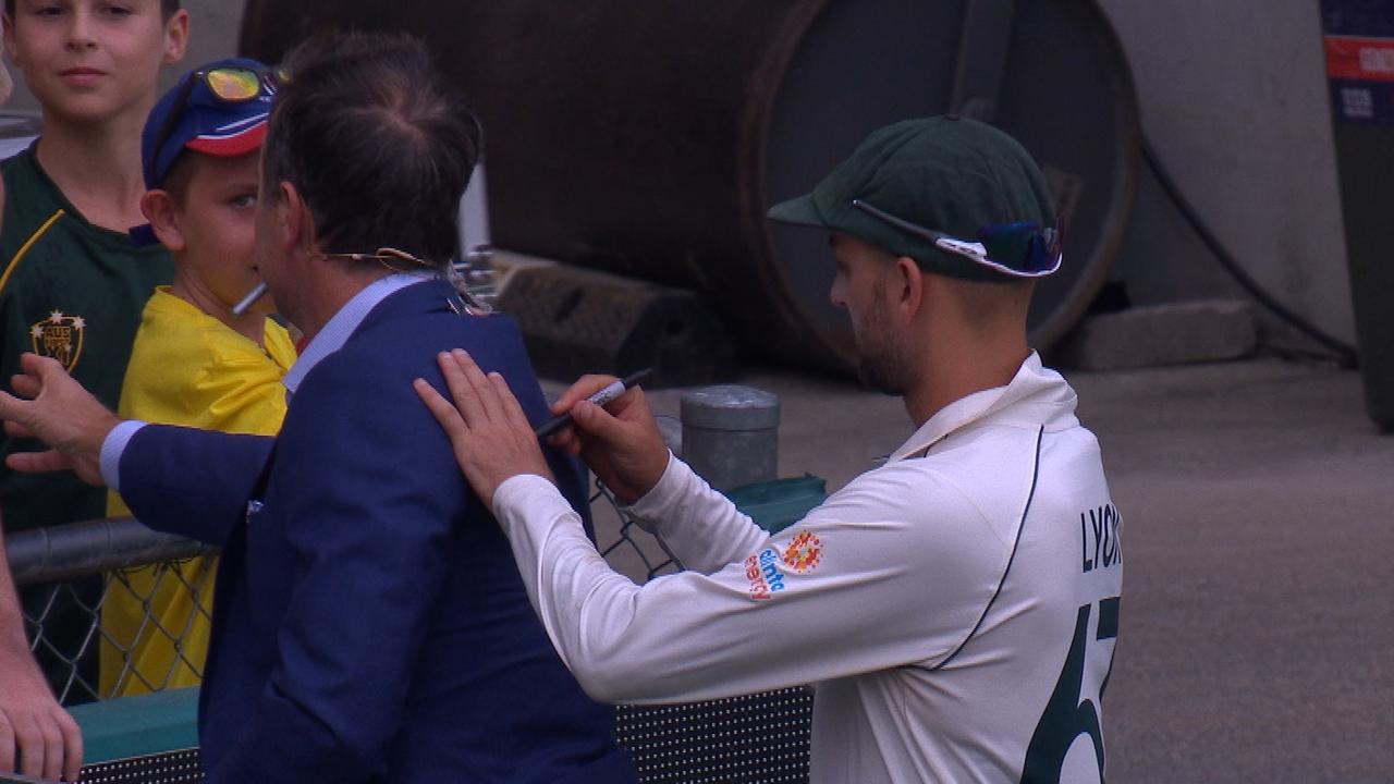 Michael Vaughan cops an unwanted memento from Nathan Lyon.