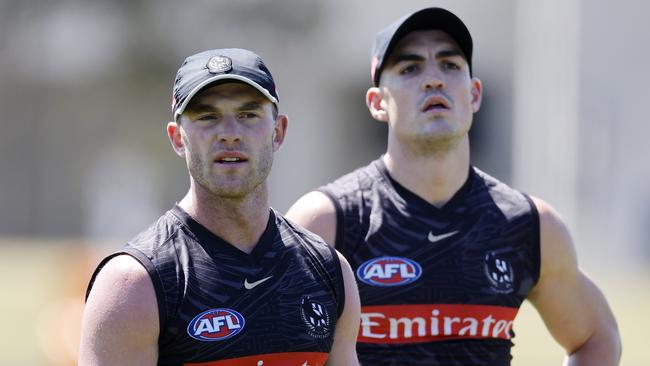 NCA. MELBOURNE, AUSTRALIA. 11th November 2024. AFL.  Collingwood training at Olympic Park . Tom Mitchell and Brayden Maynard of the Magpies  on the first official day back for the 1-4 year players .  Picture: Michael Klein