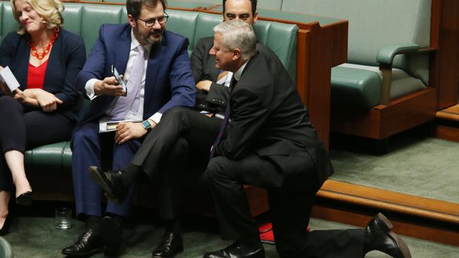 Small Business Minister Michael Mccormack on bended knee at Labor benches occupied by Clare O'Neil, Ed Husic and Tim Hammond. Picture; Gary Ramage