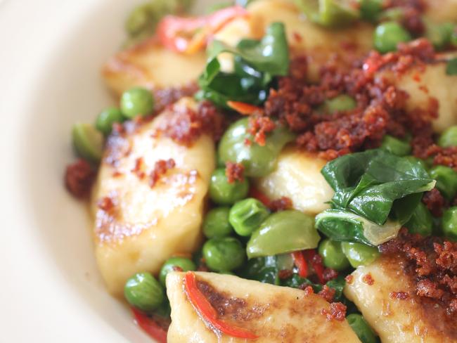 Gnocchi with garden peas, dill, fetta and cacciatore crumb.