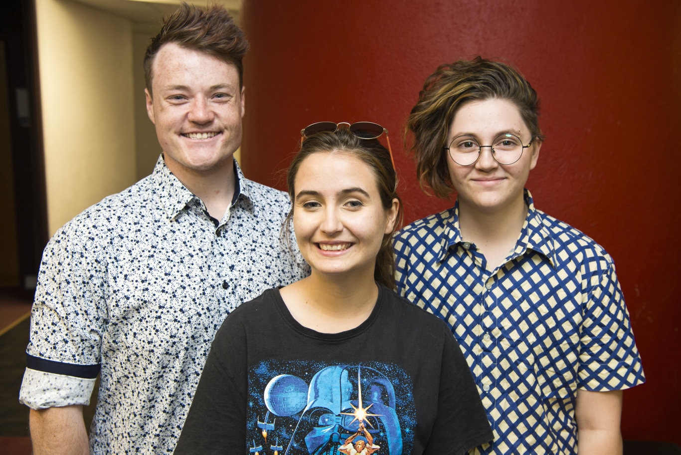 Ready for the USQ Film and Television graduate student showcase are (from left) Derek Boardman, Alana Morris and CJ Murphy at USQ Arts Theatre, Friday, November 8, 2019. Picture: Kevin Farmer