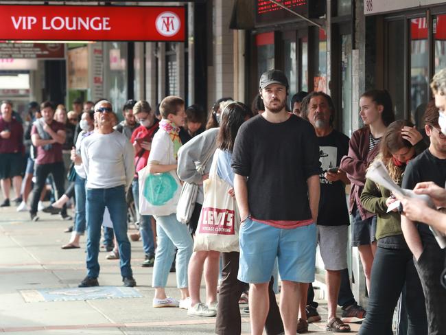 People queue at Centrelink at Marrickville. Picture: John Feder/The Australian.