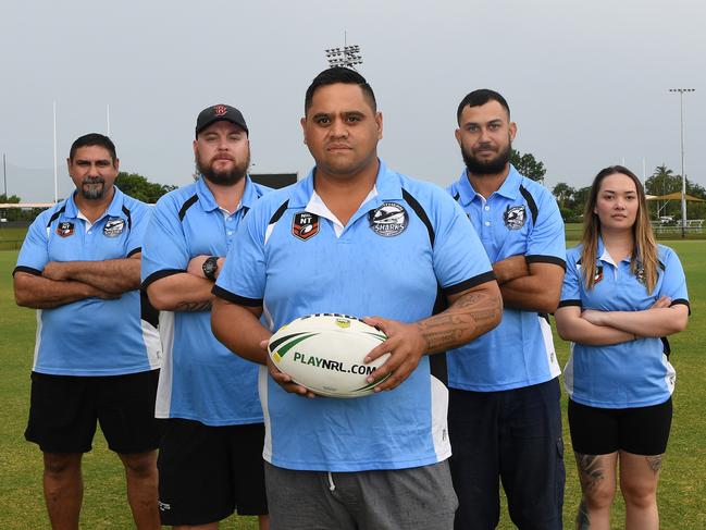 Northern Sharks coaches, from left: Grant Chong (reserve grade), Richard Hill (senior women), PD Downes (A-grade), Anthony Smith (A-grade assistant) and Kelsey Bussenschutt (senior women). Picture: Katrina Bridgeford