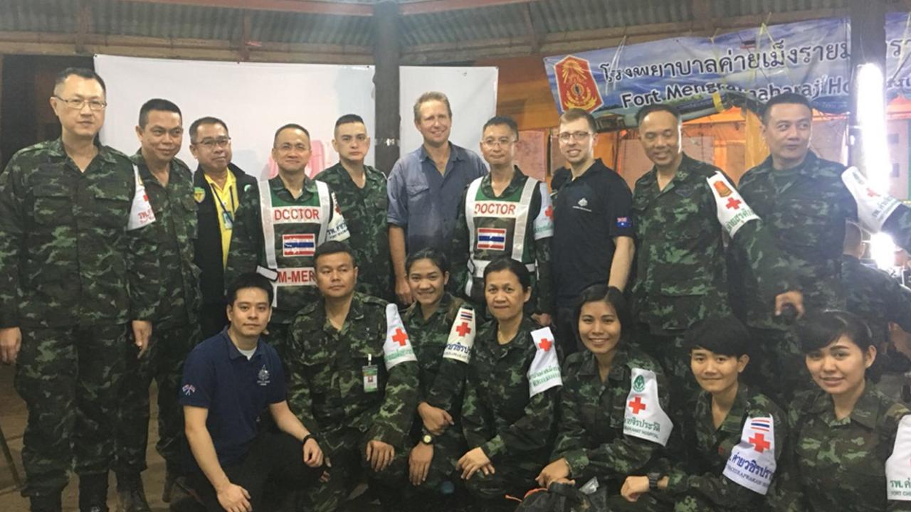 Australian doctor Richard Harris (centre), and the medical team he worked with to assist in the rescue of the 12 Thai boys stuck in the underground cave with their soccer coach. Picture: Supplied