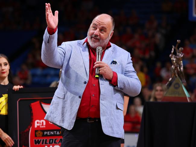 PERTH, AUSTRALIA - JANUARY 20: Craig Hutchison talks during a ceremony to retire the playing number of Shawn Redhage following the round 16 NBL match between Perth Wildcats and Sydney Kings at RAC Arena, on January 20, 2023, in Perth, Australia. (Photo by Paul Kane/Getty Images)