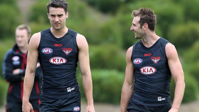 Xavier Richards and Jobe Watson at Essendon training. Picture: Hamish Blair