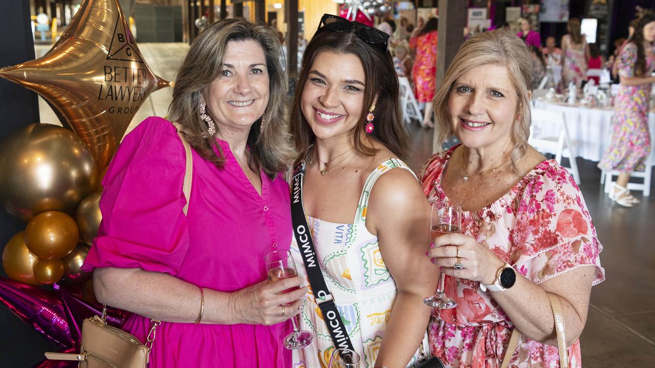 At the Pink High Tea are (from left) Julie Willett, Rachel Menkins and Debbie Menkins raising funds for Toowoomba Hospital Foundation at The Goods Shed, Saturday, October 12, 2024. Picture: Kevin Farmer