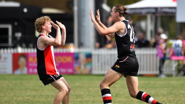 Morningside Panthers celebrate a goal QAFL Colts Morningside Panthers v Sherwood Magpies. Saturday April 29, 2023. Picture, John Gass