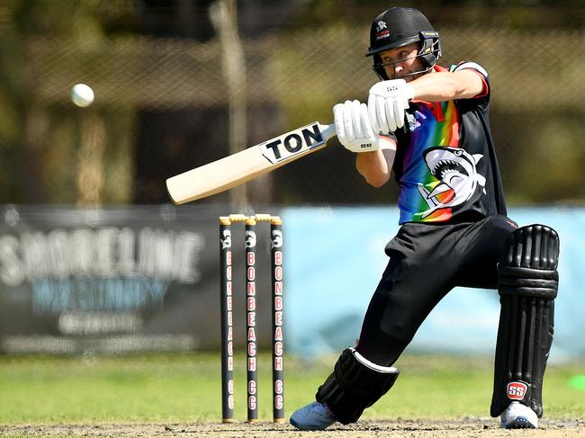 Tom Smith of Bonbeach bats during the Cricket Southern Bayside match between Bonbeach and Mordialloc at Bonbeach Sports Reserve, on November 18, 2023, in Melbourne, Australia. (Photo by Josh Chadwick)