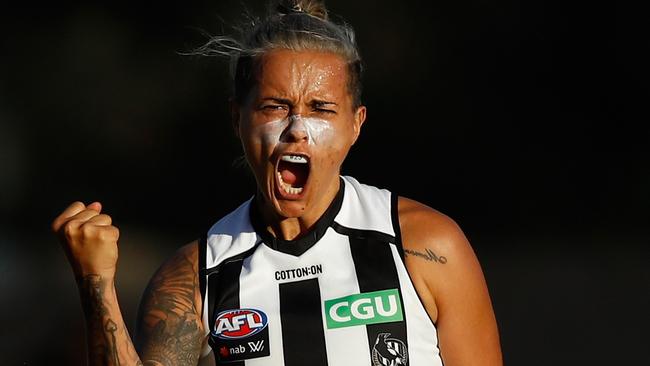 Moana Hope celebrates a goal during the 2018 AFLW Round 4 match between the Melbourne Demons and the Collingwood Magpies. Picture: Getty Images