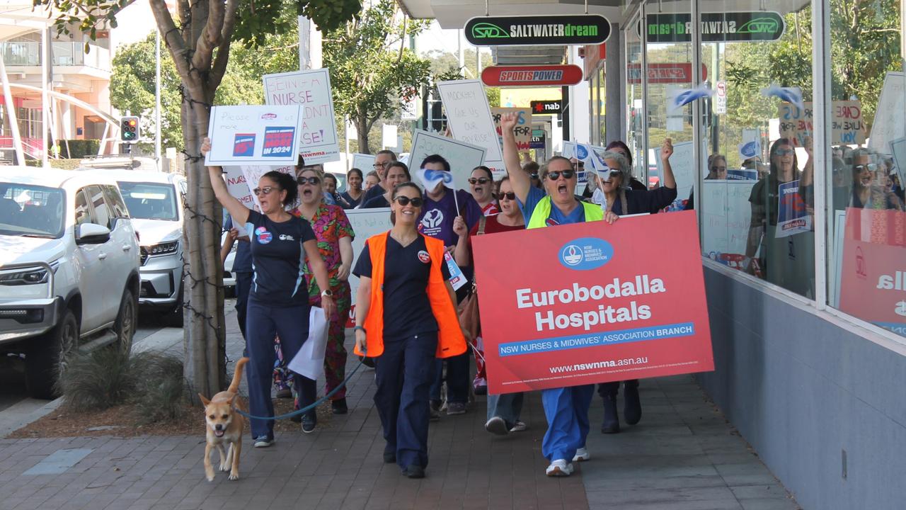 Striking nurses marched the Batemans Bay CBD on Tuesday morning. Picture: Tom McGann.