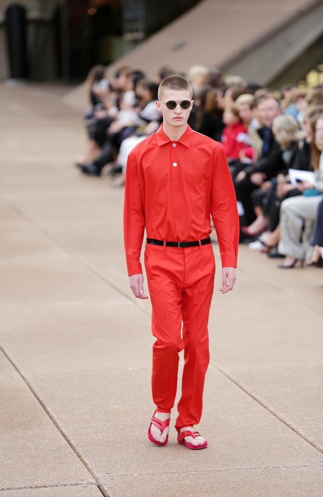 A model pictured walking the runway at the Dion Lee Fashion Show for the 2017 Mercedes-Benz Fashion Week held at the Sydney Opera House. Picture: Christian Gilles